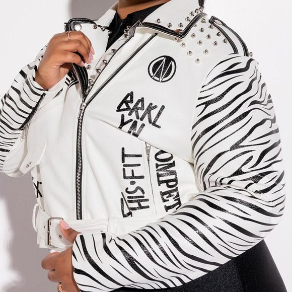 Callie Lives Jackets & Blazers - Miz Major Discorde: Zebra Winter White Moto Jacket XL